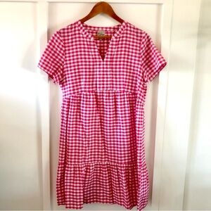 Cottagecore gingham ruffle dress pink & white short sleeve size Medium